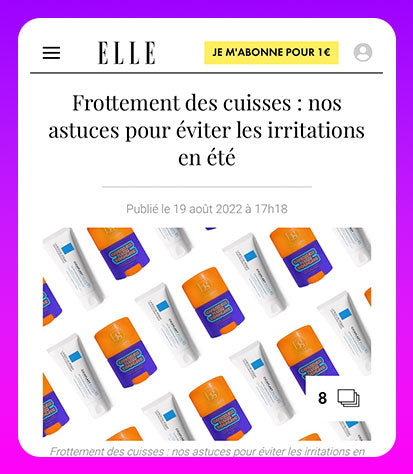 Article de presse sur Elle.fr mentionnant Cuisses Kiss Touche de Body Glory. "Frottement des cuisses : nos astuces pour éviter les irritations en été"