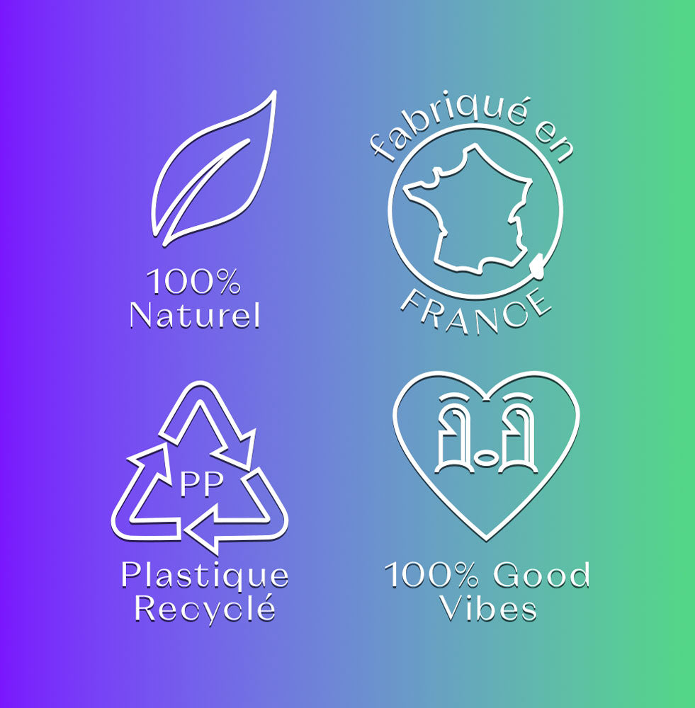 Pictogramme des engagements de Body Glory : 100% naturel, fabriqué en France, en Plastique Recyclé, 100% good vibes