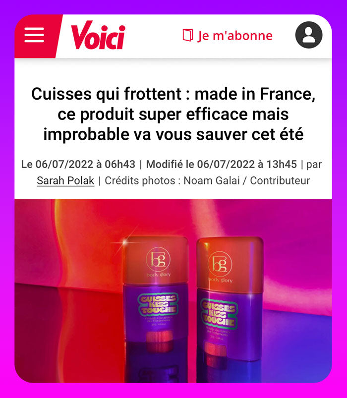 Article de presse de Voici sur les cuisses qui frottent et le remède "made in France" Cuisses Kiss Touche